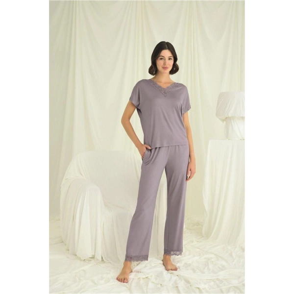 Kısa Kollu V Yakalı Dantelli Pijama Takımı - SSSSSS8587-6303