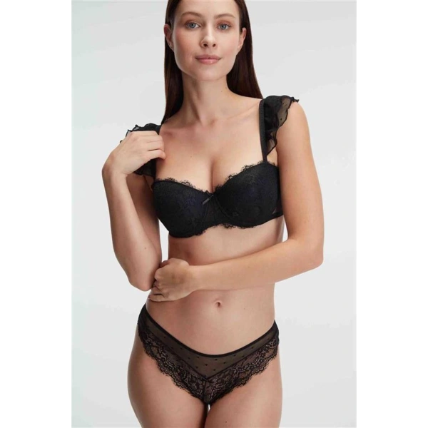 Balenli Destekli Dolgulu Askı Detaylı Puantiyeli Dantelli Sütyen ve Slip Takım - SSSSSS5456-743