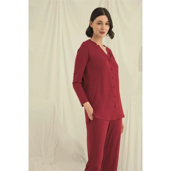Uzun Kollu Boydan Düğmeli V Yaka Pijama Takımı - SSSSSS5200-5580