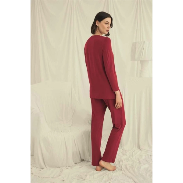 Uzun Kollu Boydan Düğmeli V Yaka Pijama Takımı - SSSSSS5200-5580