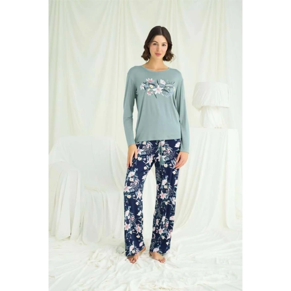 Çiçek ve Yaprak Desenli Baskılı Pijama Takımı - SSSSSS8355-5736