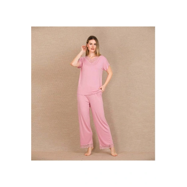 Viskon Şık Tasarım Dantel İşlemeli Pembe Kısa Kol Pijama Takımı - SSSSSS2390-9549