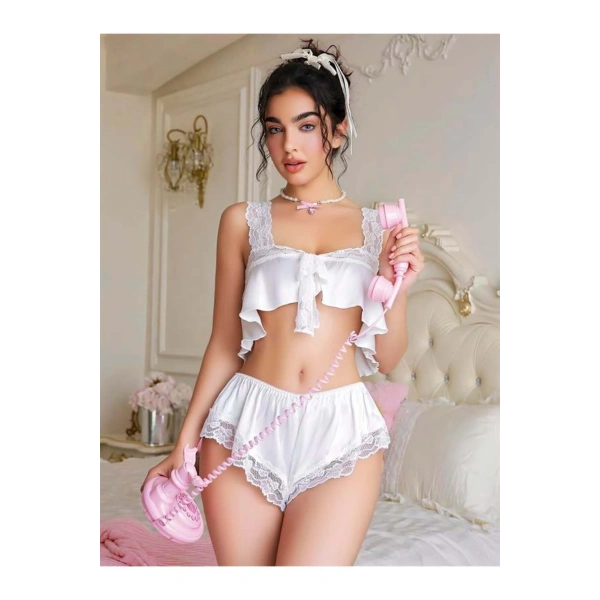 Beyaz Dantel İşlemeli Sütyenli Saten Şortlu Takım - SSSSSS3397-9989