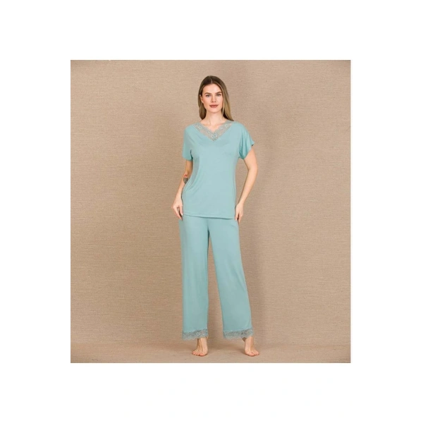 Viskon Şık Tasarım Dantel İşlemeli Mint Yeşil Kısa Kol Pijama Takımı - SSSSSS6431-4655