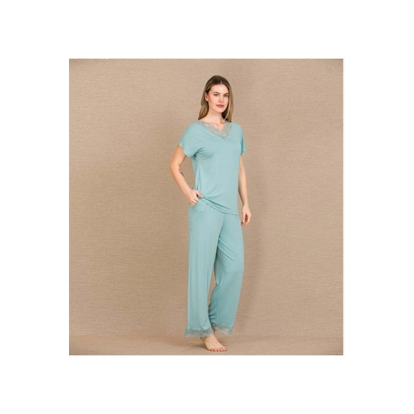 Viskon Şık Tasarım Dantel İşlemeli Mint Yeşil Kısa Kol Pijama Takımı - SSSSSS6431-4655