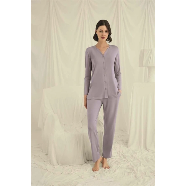Uzun Kollu Boydan Düğmeli V Yaka Pijama Takımı - SSSSSS2177-6217