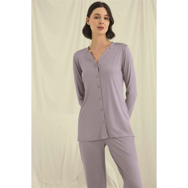 Uzun Kollu Boydan Düğmeli V Yaka Pijama Takımı - SSSSSS2177-6217