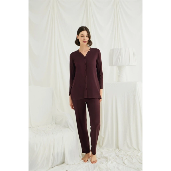 Uzun Kollu Boydan Düğmeli V Yaka Pijama Takımı - SSSSSS2610-7845