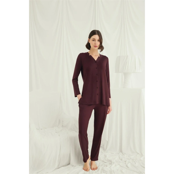 Uzun Kollu Boydan Düğmeli V Yaka Pijama Takımı - SSSSSS2610-7845