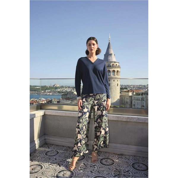 Yaprak Desenli Uzun Kollu V Yaka Pijama Takımı - SSSSSS6737-3545