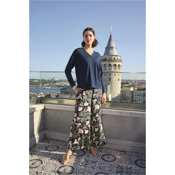 Yaprak Desenli Uzun Kollu V Yaka Pijama Takımı - SSSSSS6737-3545