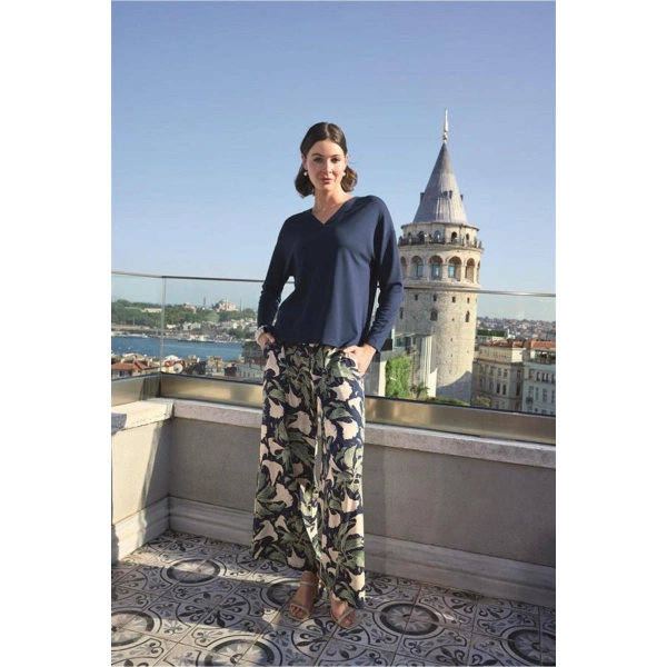 Yaprak Desenli Uzun Kollu V Yaka Pijama Takımı - SSSSSS6737-3545
