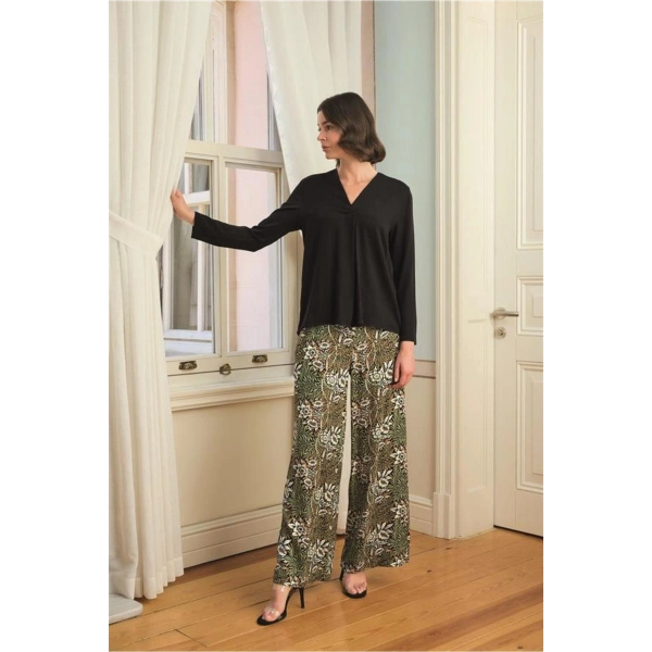 Çiçek Yaprak ve Etnik Desenli Uzun Kollu Pijama Takımı - SSSSSS9958-2406