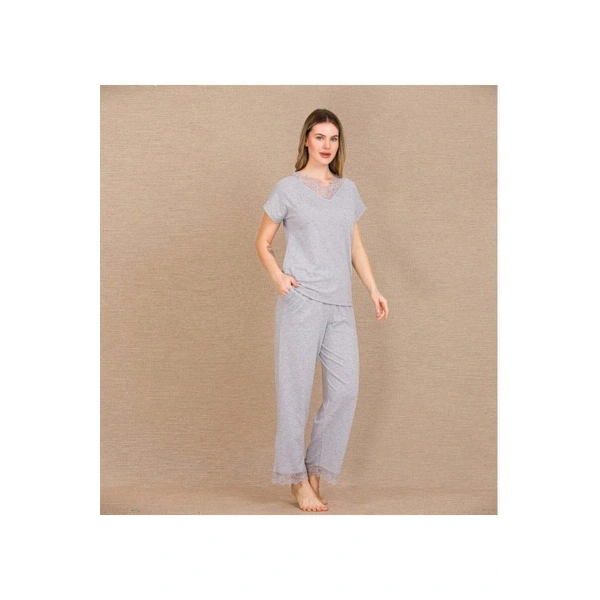 Viskon Şık Tasarım Dantel İşlemeli Gri Kısa Kol Pijama Takımı - SSSSSS5779-7010