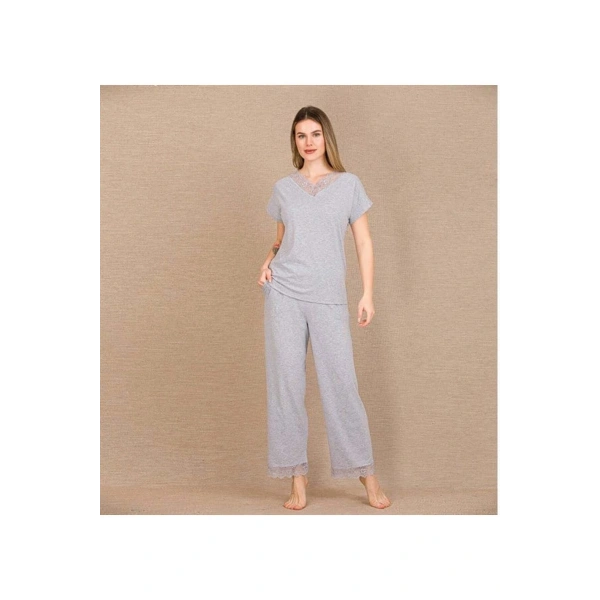 Viskon Şık Tasarım Dantel İşlemeli Gri Kısa Kol Pijama Takımı - SSSSSS5779-7010