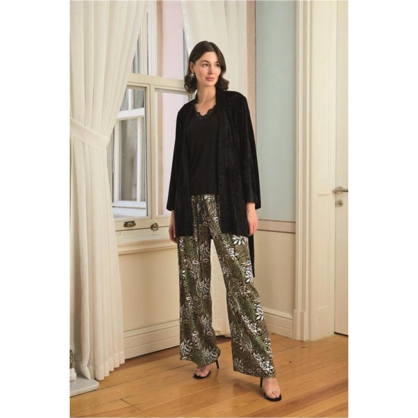 Çiçek Yaprak ve Etnik Desenli Dantelli 3lü Pijama Takımı - SSSSSS5770-4326