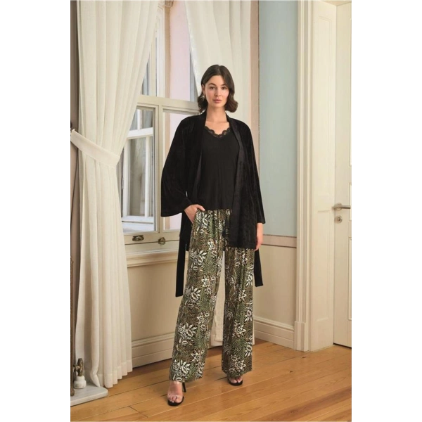 Çiçek Yaprak ve Etnik Desenli Dantelli 3lü Pijama Takımı - SSSSSS5770-4326
