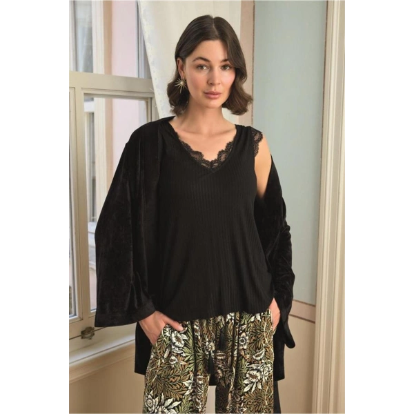 Çiçek Yaprak ve Etnik Desenli Dantelli 3lü Pijama Takımı - SSSSSS5770-4326