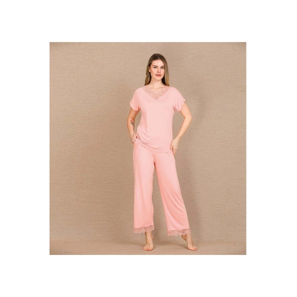 Viskon Şık Tasarım Dantel İşlemeli Açık Pembe Kısa Kol Pijama Takımı - SSSSSS2031-8157
