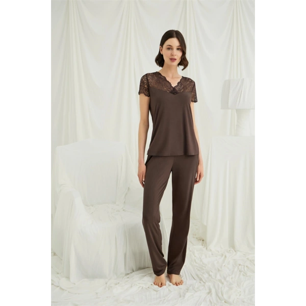 Kısa Kollu ve Dantelli V Yaka Pijama Takımı - SSSSSS2236-8754