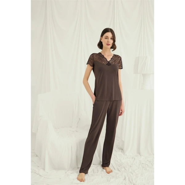 Kısa Kollu ve Dantelli V Yaka Pijama Takımı - SSSSSS2236-8754