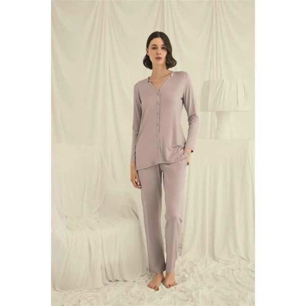 Uzun Kollu Boydan Düğmeli V Yaka Pijama Takımı - SSSSSS4338-2298