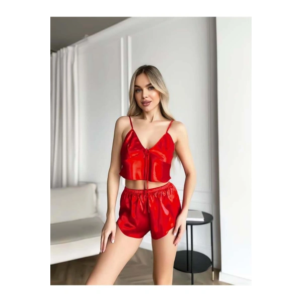 Kırmızı İnce Askılı Saten Şortlu Takım - SSSSSS6104-9354