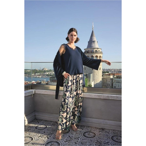Yaprak Desenli ve Dantelli 3lü Pijama Takımı - SSSSSS3738-2330