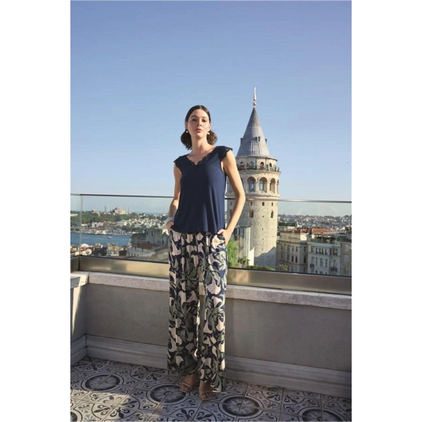 Yaprak Desenli ve Dantelli 3lü Pijama Takımı - SSSSSS3738-2330