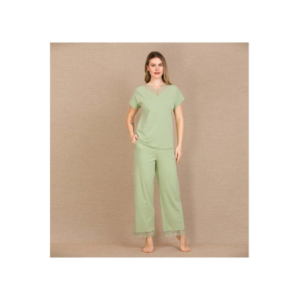 Pamuklu Şık Tasarım Dantel İşlemeli Yeşil Kısa Kol Pijama Takımı - SSSSSS1736-8816