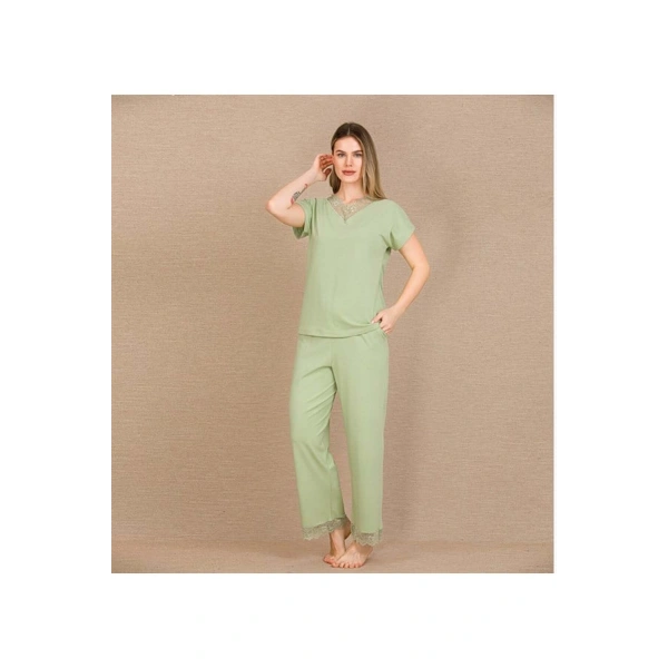 Pamuklu Şık Tasarım Dantel İşlemeli Yeşil Kısa Kol Pijama Takımı - SSSSSS1736-8816