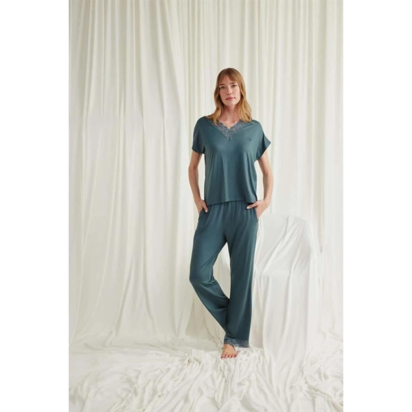 Kısa Kollu V Yakalı Dantelli Pijama Takımı - SSSSSS4088-8176