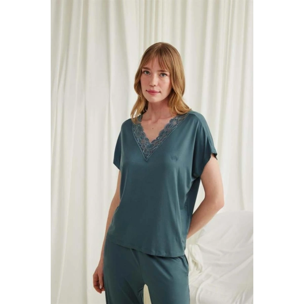 Kısa Kollu V Yakalı Dantelli Pijama Takımı - SSSSSS4088-8176