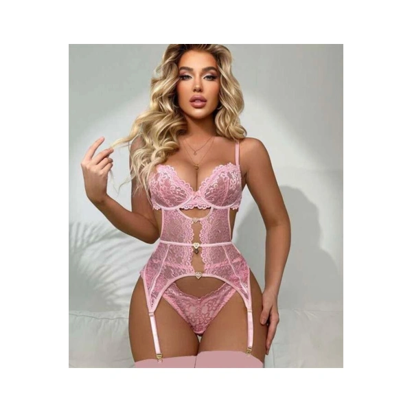 Kalp Aksesuarlı Dantelli Fantezi Pembe Jartiyer Takım - SSSSSS9468-8738