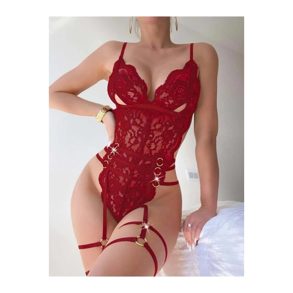 Kırmızı Dantel İşlemeli Fantezi Body Jartiyer Takımı - SSSSSS2557-3835
