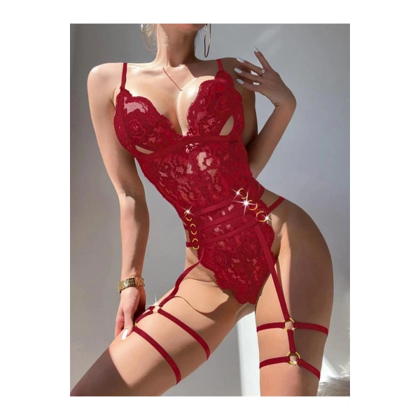 Kırmızı Dantel İşlemeli Fantezi Body Jartiyer Takımı - SSSSSS2557-3835