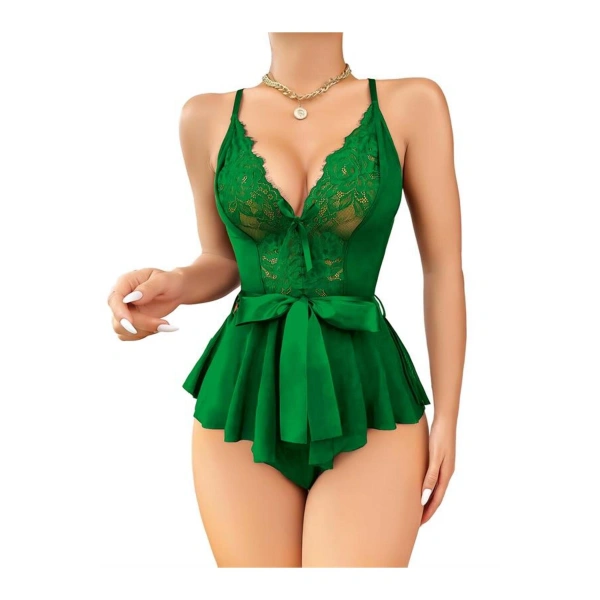 Yeşil Dantel İşlemeli Kurdelalı Fantezi Tül Babydoll - SSSSSS4833-6591