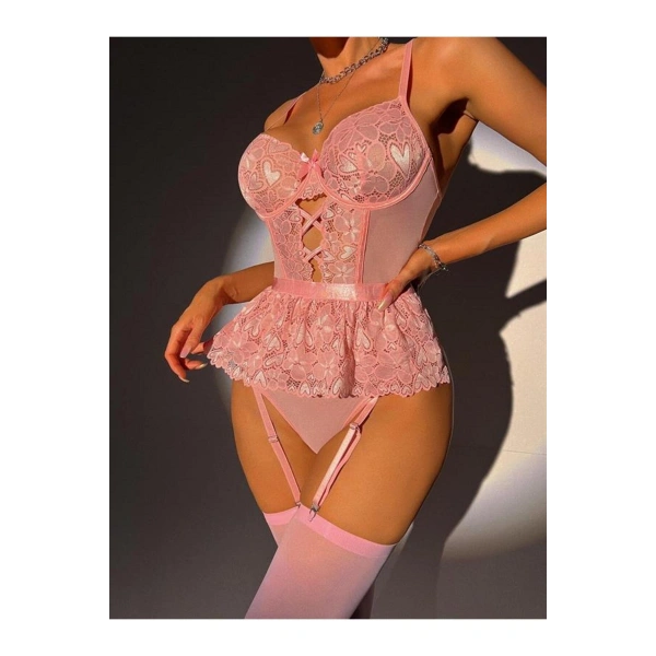Pembe Dantel İşlemeli Kalp Desenli Fantezi Jartiyer Takımı - SSSSSS6409-1433