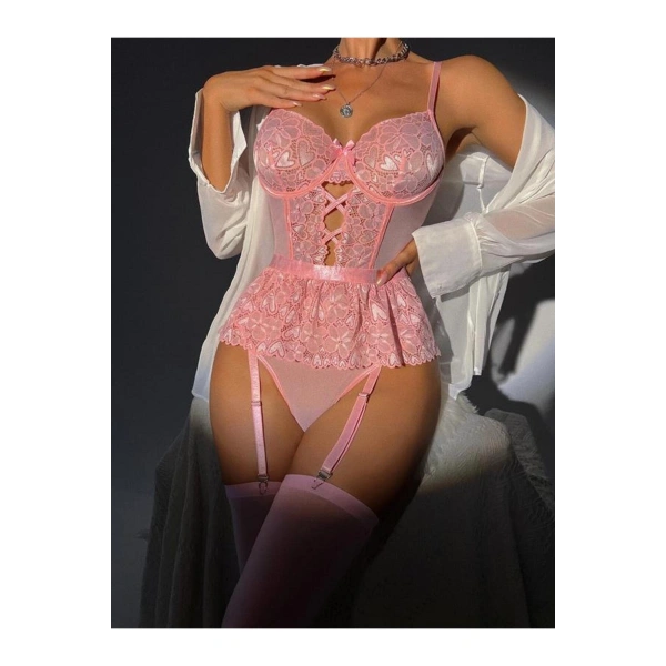 Pembe Dantel İşlemeli Kalp Desenli Fantezi Jartiyer Takımı - SSSSSS6409-1433