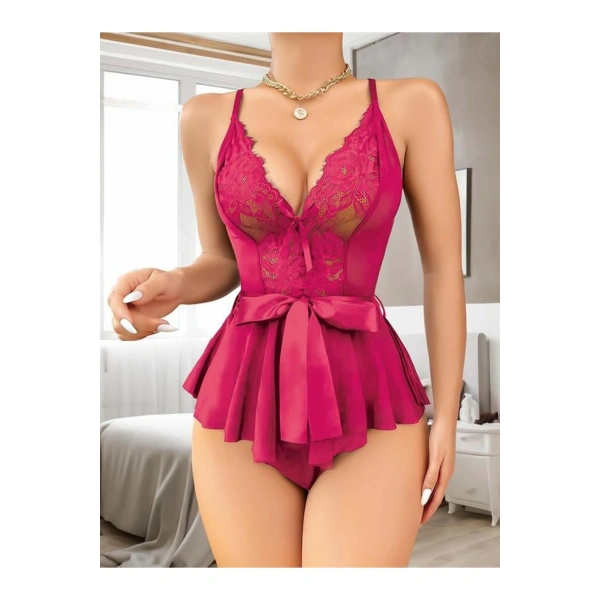 Fuşya Dantel İşlemeli Kurdelalı Fantezi Tül Babydoll - SSSSSS2443-7538