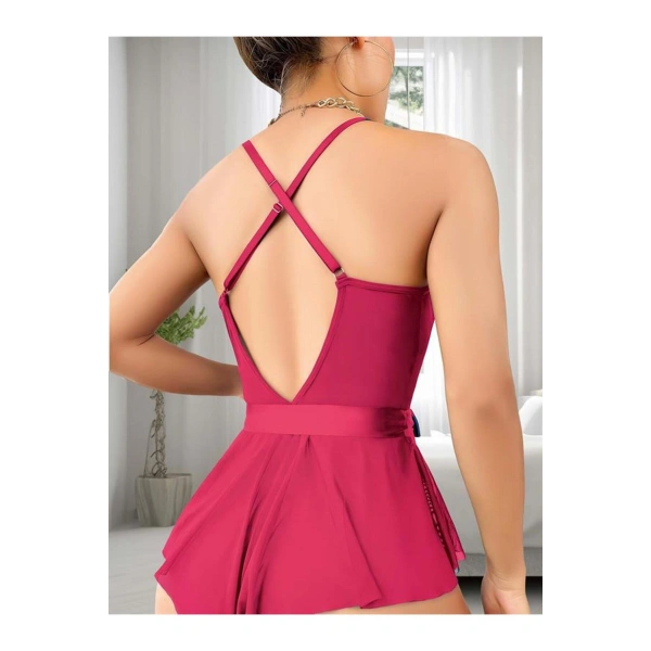 Fuşya Dantel İşlemeli Kurdelalı Fantezi Tül Babydoll - SSSSSS2443-7538