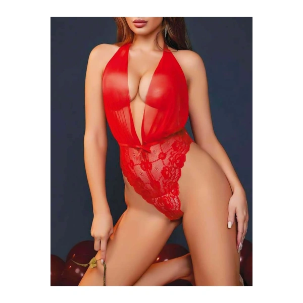 Kırmızı Dantel İşlemeli Boyundan Bağlamalı Fantezi Tül Body - SSSSSS6210-5595