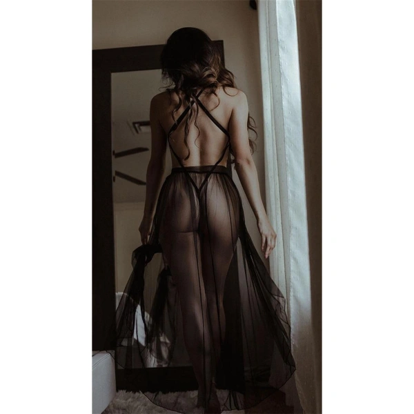 Siyah Belden Bağlamalı Dantelli Body Gecelik - SSSSSS6367-9680