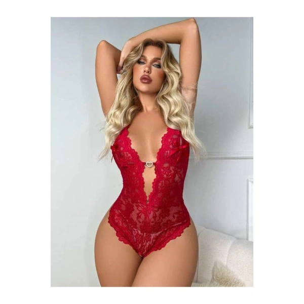 Metal Kalp Aksesuarlı Fantezi Dantelli Kırmızı Body - SSSSSS9064-4249
