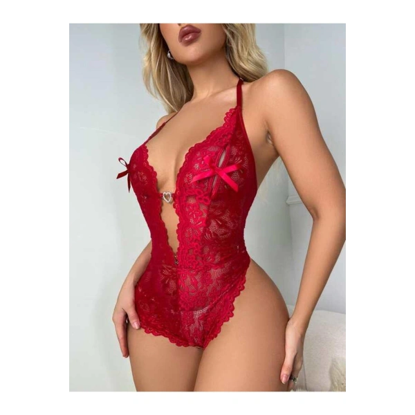 Metal Kalp Aksesuarlı Fantezi Dantelli Kırmızı Body - SSSSSS9064-4249