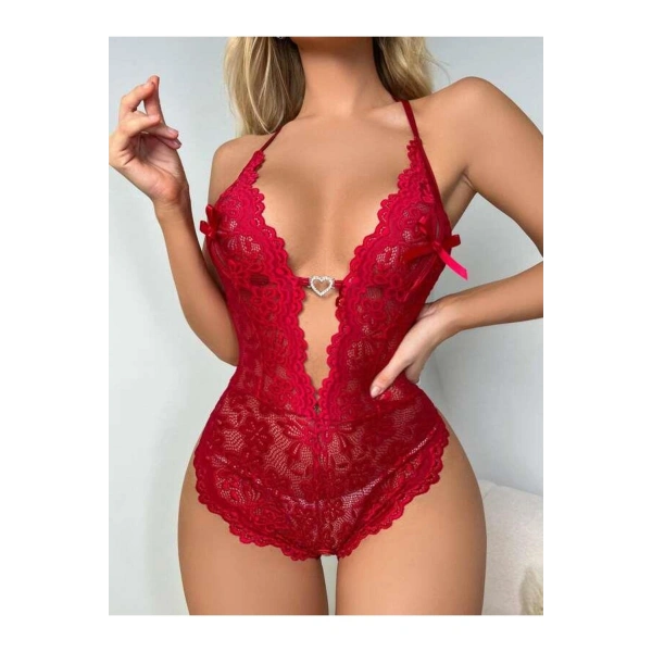 Metal Kalp Aksesuarlı Fantezi Dantelli Kırmızı Body - SSSSSS9064-4249