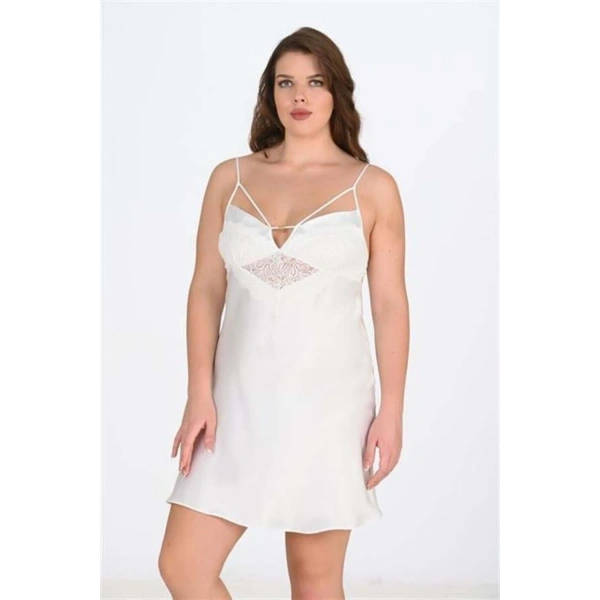 Premium Büyük Beden Saten Dantel İşlemeli Ekru Gecelik Bigsize - SSSSSS9498-4137