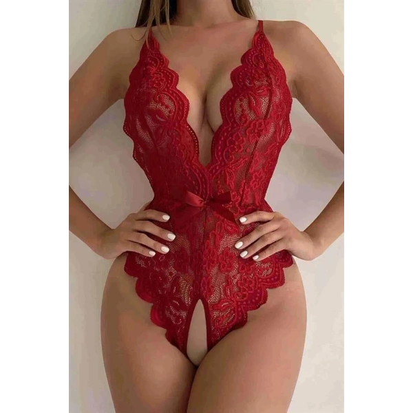 Kırmızı Özel Bölgesi Açık Fiyonklu Dantel Fantezi Body - SSSSSS5664-3609