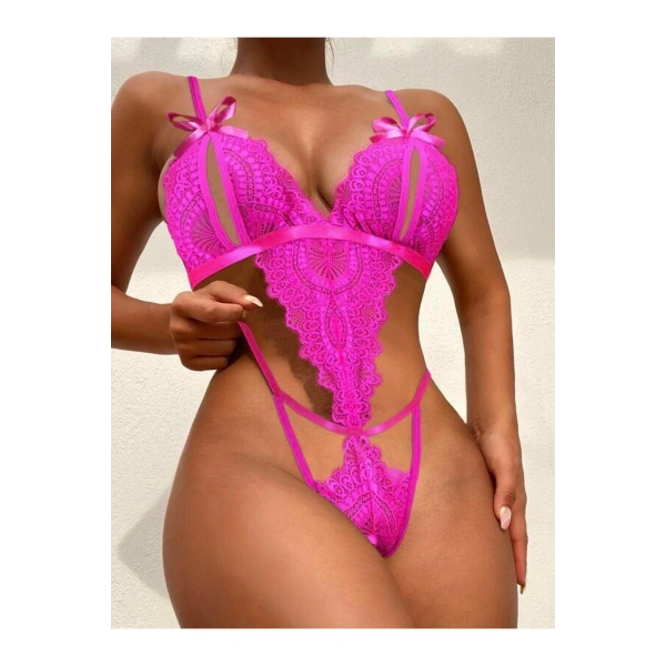 Fiyonklu Dantelli Fuşya Fantezi Body - SSSSSS3986-3417