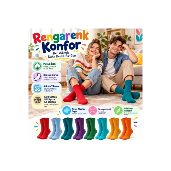 Unisex Renkli Çorap 8li Set Günlük Rahat Esnek Uzun Soket Çorap Canlı Renkler Yumuşak Konforlu Seti